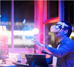 Man in Meta Quest 3 headset interacting with digital elements in real world